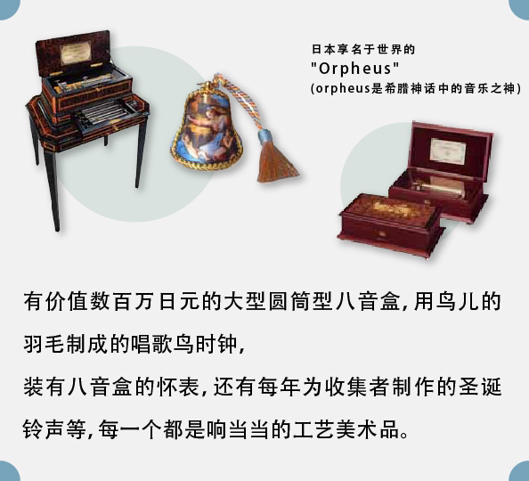 有价值数百万日元的大型圆筒型八音盒，用鸟儿的羽毛制成的唱歌鸟时钟，装有八音盒的怀表，还有每年为收集者制作的圣诞铃声等，每一个都是响当当的工艺美术品。