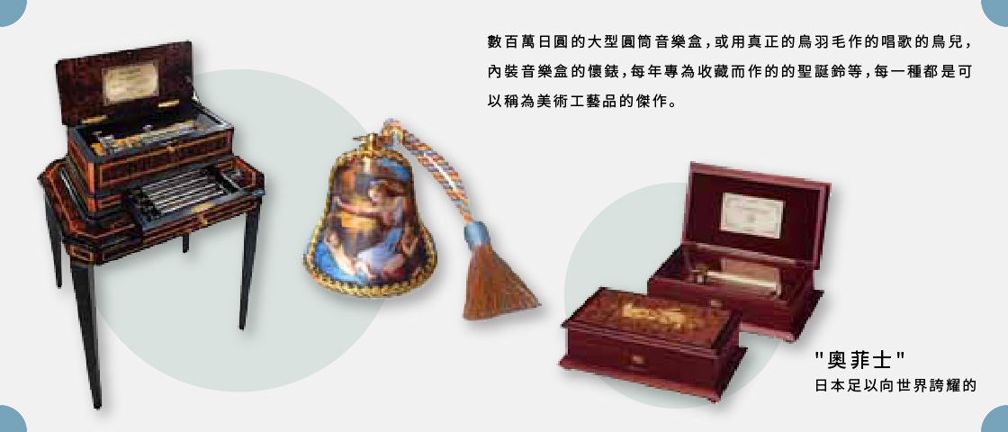 數百萬日圓的大型圓筒音樂盒，或用真正的鳥羽毛作的唱歌的鳥兒，內裝音樂盒的懷錶，每年專為收藏而作的的聖誕鈴等，每一種都是可以稱為美術工藝品的傑作。