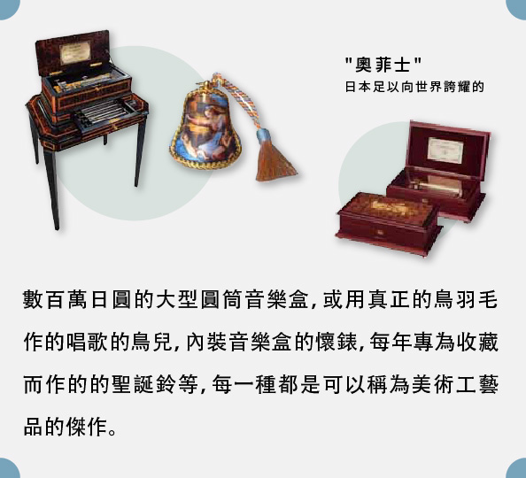 數百萬日圓的大型圓筒音樂盒，或用真正的鳥羽毛作的唱歌的鳥兒，內裝音樂盒的懷錶，每年專為收藏而作的的聖誕鈴等，每一種都是可以稱為美術工藝品的傑作。